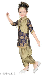 Festive blue designer embroidery Patiala suit for girls, cotton blend anarkali style - Indian ethnic kids wear, size 4-5 years